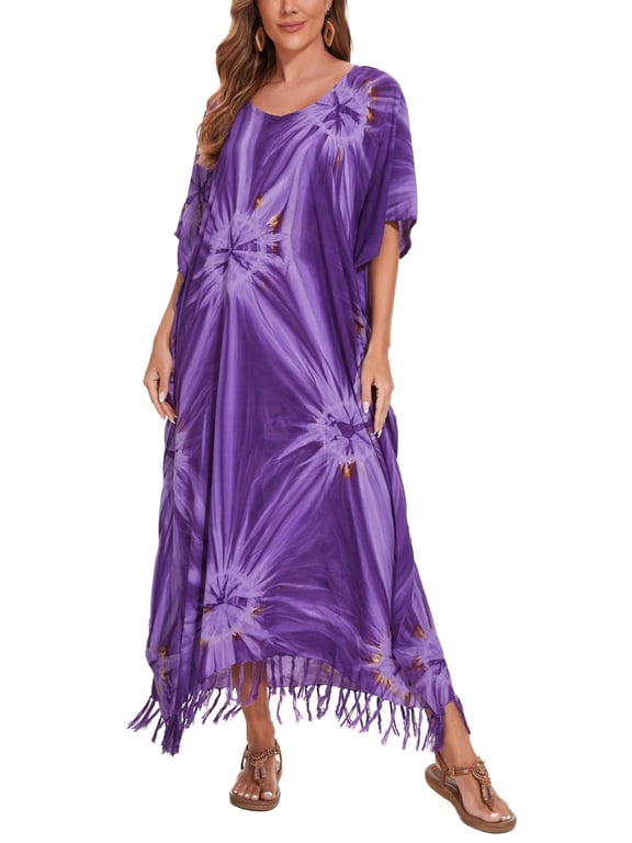 Purple Women Hippie Tie Dye Caftan Kaftan Loungewear Maxi Plus Size Long Dress 3X