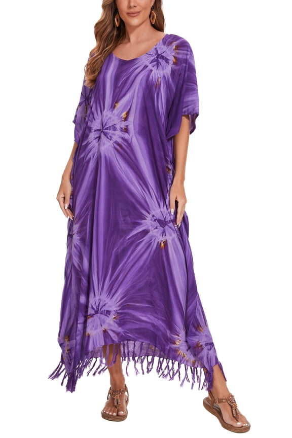 Purple Women Hippie Tie Dye Caftan Kaftan Loungewear Maxi Plus Size Long Dress 3X