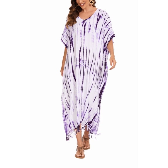 Beautybatik Purple Women Hippie Tie Dye Caftan Kaftan Loungewear Maxi Plus Size Long Dress 4X
