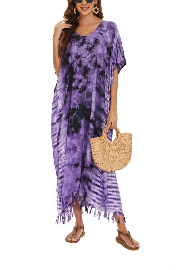 Purple Women Hippie Tie Dye Caftan Kaftan Loungewear Maxi Plus Size Long Dress 4X