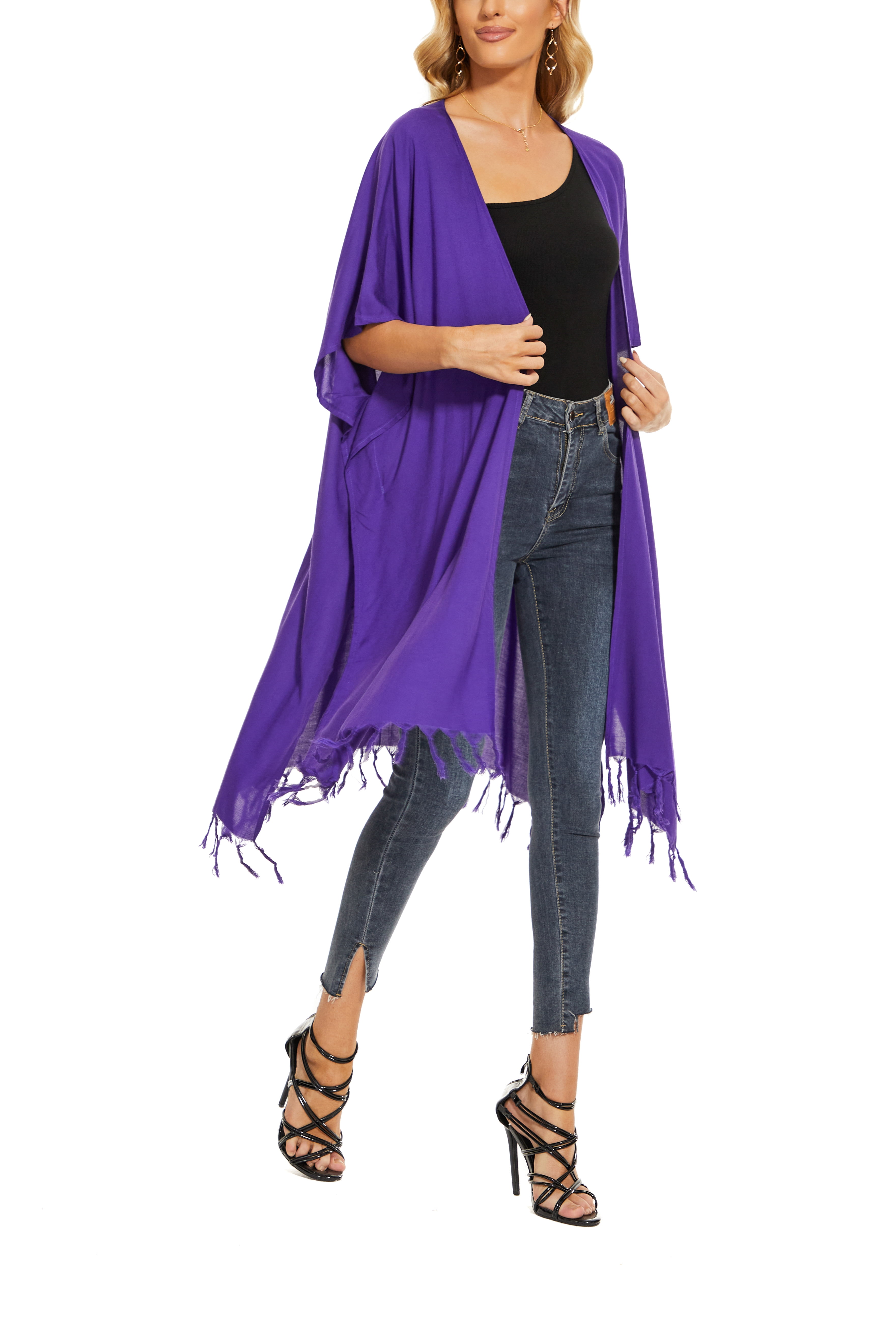 Beautybatik Purple Women Long Solid Kimono Cardigan Shawl Wrap
