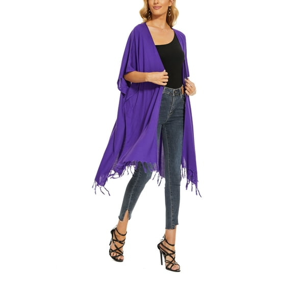 Beautybatik Purple Women Long Solid Kimono Cardigan Shawl Wrap Swimsuit Cover Up Jacket One Size
