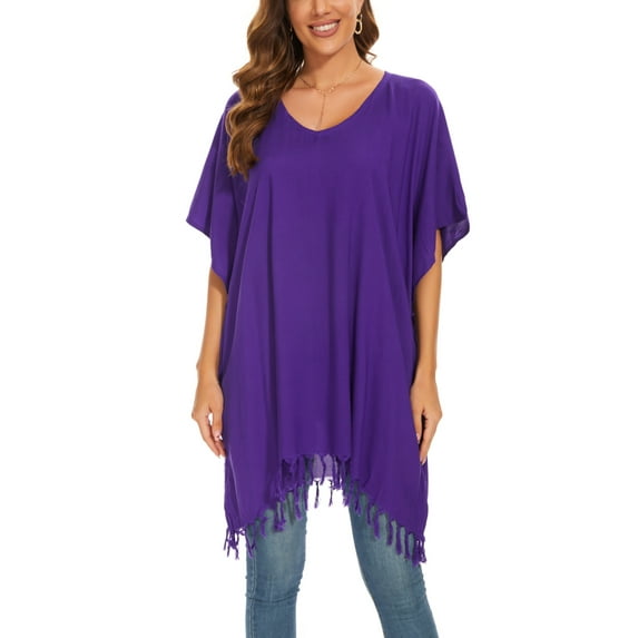 Beautybatik Purple Women Solid Tunic Blouse Kaftan V Loose Sleeve Top Plus Size 2X