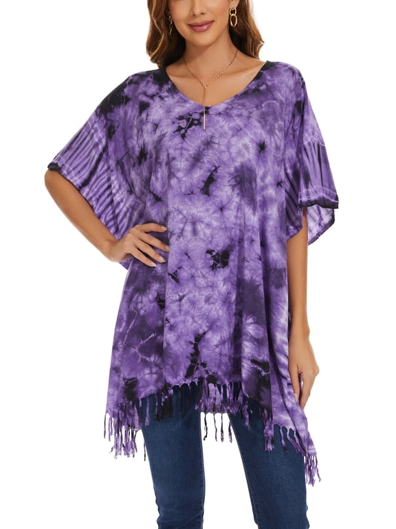 Purple Womens Boho Hippie Batik Tie Dye Plus Size Tunic Blouse Kaftan Top Xl