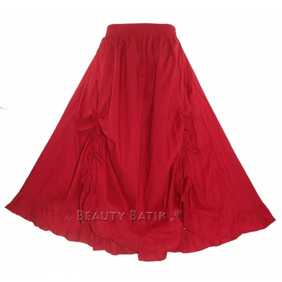 Beautybatik Red Women Cotton BOHO Gypsy Long Maxi Victorian Renaissance Flare Skirt 2X