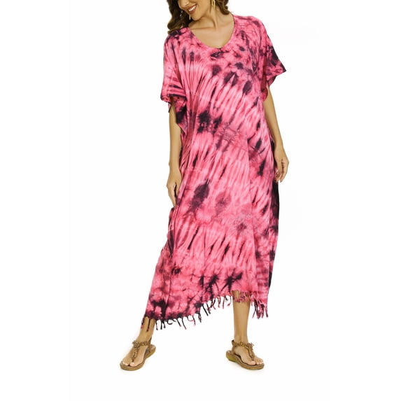 Beautybatik Red Women Hippie Tie Dye Caftan Kaftan Loungewear Maxi Plus Size Long Dress XL