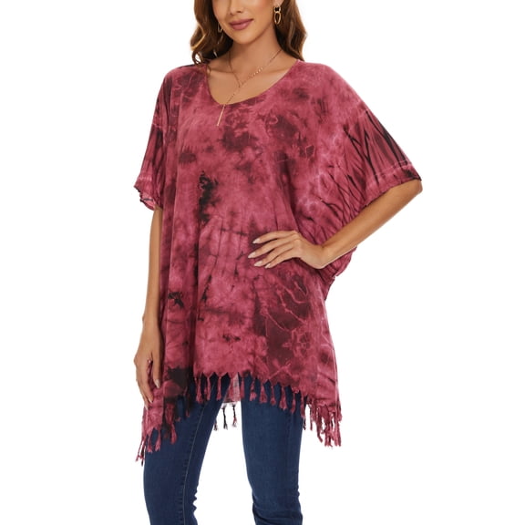 Beautybatik Red Womens Boho Hippie Batik Tie Dye Plus Size Tunic Blouse Kaftan Top 4x