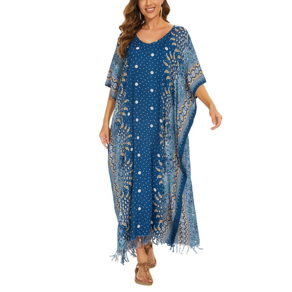 Beautybatik Teal blue Boho Flora Printed Women Plus Size Kaftan Kimono Loungewear Maxi Long Dress 3X