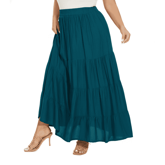 Beautybatik Teal blue Women Boho Gypsy Summer Elastic Waist Renaissance Maxi Flowy Long Tiered Plus Size Skirt 2X