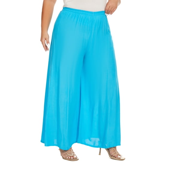 Beautybatik Turquoise Solid Rayon Women Flowy Loose Palazzo Wide Leg Flare Pants Trouser Plus Size 2X