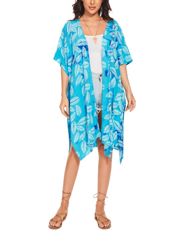 Turquoise Women HIPPIE Gypsy Hand Batik Kimono Cardigan Shawl Wrap Swimsuit Cover Up Jacket One Size