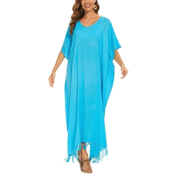 Beautybatik Turquoise Women Solid Caftan Kaftan Loungewear Maxi Plus Size Long Loose Dress 2X
