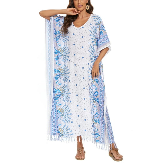 Beautybatik White Boho Flora Printed Women Plus Size Kaftan Kimono Loungewear Maxi Long Dress 1x