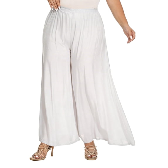 Beautybatik White Solid Rayon Women Flowy Loose Palazzo Wide Leg Flare Pants Trouser Plus Size 3X