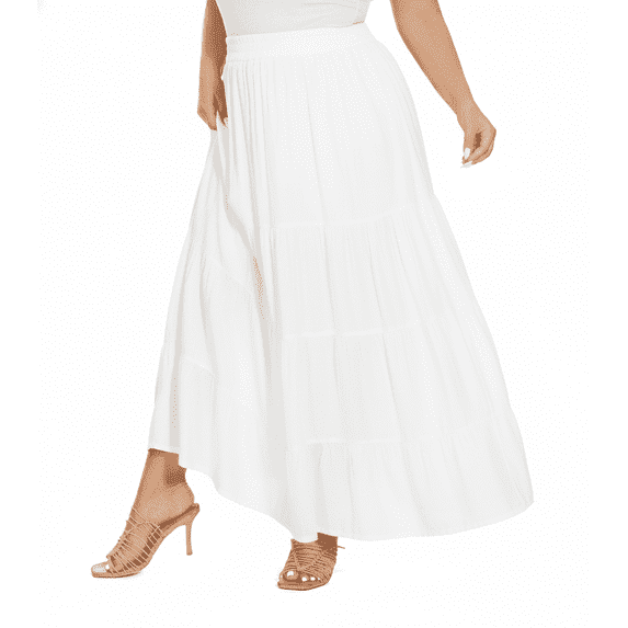 Beautybatik White Women Boho Gypsy Summer Elastic Waist Renaissance Maxi Flowy Long Tiered Plus Size Skirt 2X