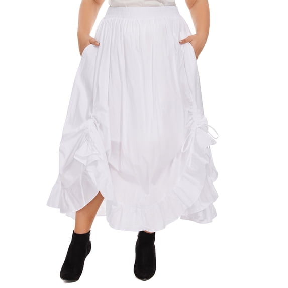 Beautybatik White Women Plus Size Cotton Ruched Front Victorian Renaissance Medieval Maxi Ruffled Skirt With Pockets 1x
