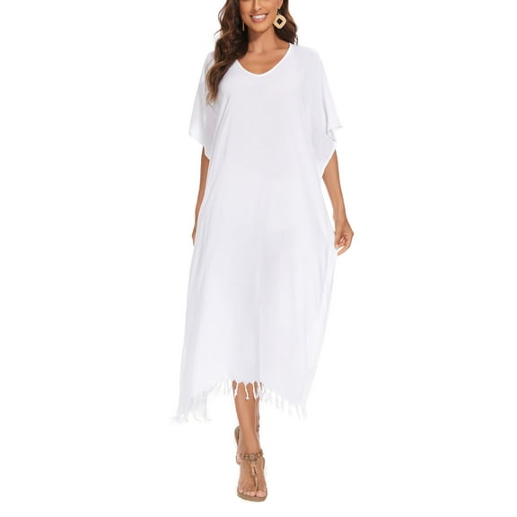 Beautybatik White Women Solid Caftan Kaftan Loungewear Maxi Plus Size Long Loose Dress 2X
