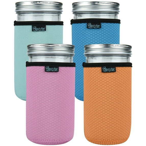 Beautyflier 4pcs Wide Mouth Mason Jars 24oz Insulators, Regular Mouth Quart Mason Jars Neoprene Canning Cover
