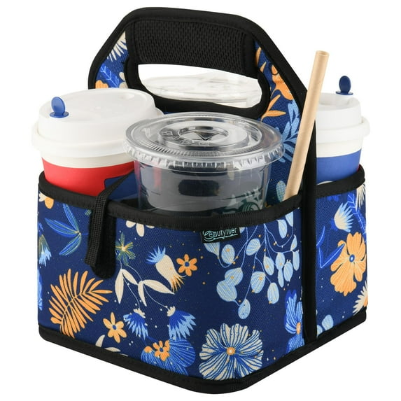Beautyflier Reusable Insulated Coffee Cup Carrier, Portable Drink Holder with Handle Organizer Tote Bag, Blue Plants