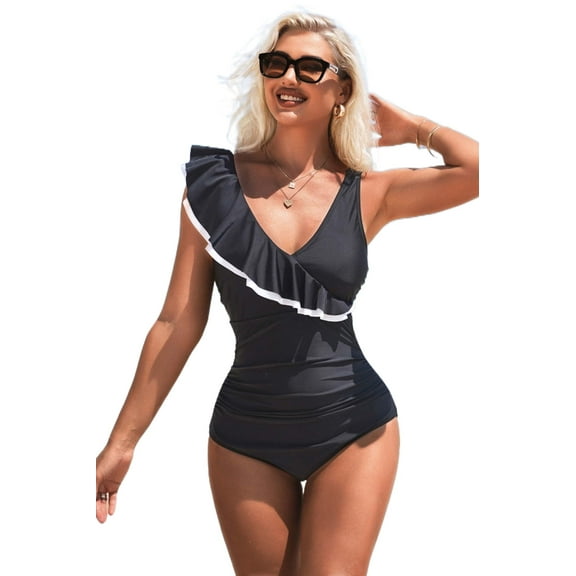 Beautyin Sexy Monokini Swimwear One Piece Swimsuit Women Asymmetrical Shoulder Straps V Collar Bathing Suit