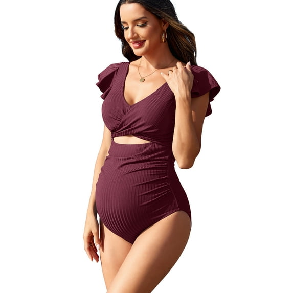 Beautyin Style Maternity 1 piece Swimsuit Ribbed One Piece Ruffle Sleeve Bathing Suit Ruched Cut-Out Tie Knot Pregnancy Swimwear