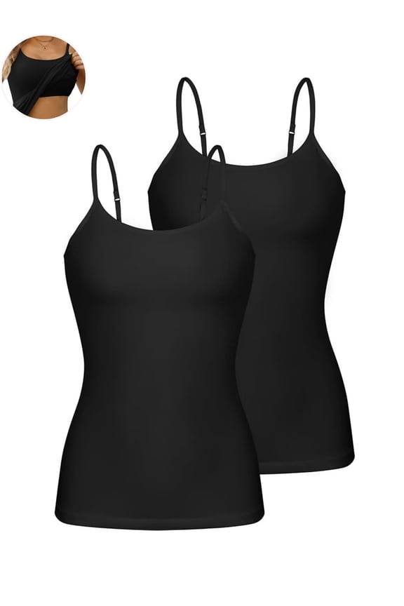 Womens Cotton Camisoles with Shelf Bra Solid Basic Spaghetti Straps Tank Tops Camis Pack of 2