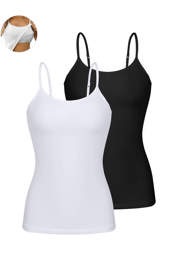 Womens Cotton Camisoles with Shelf Bra Solid Basic Spaghetti Straps Tank Tops Camis Pack of 2