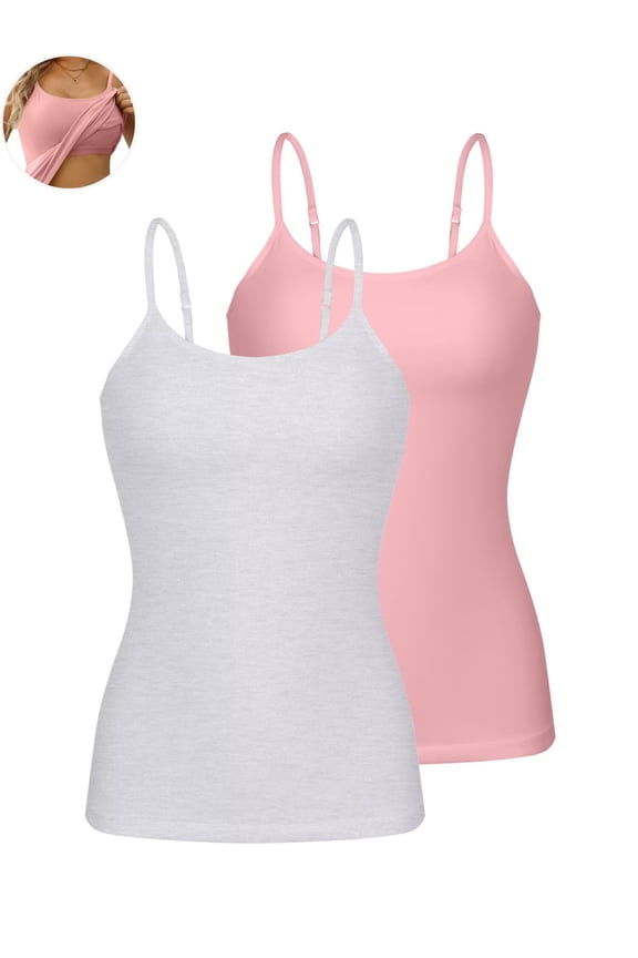 Womens Cotton Camisoles with Shelf Bra Solid Basic Spaghetti Straps Tank Tops Camis Pack of 2