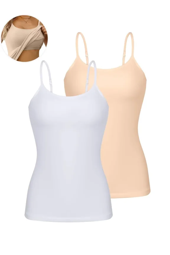 Womens Cotton Camisoles with Shelf Bra Solid Basic Spaghetti Straps Tank Tops Camis Pack of 2