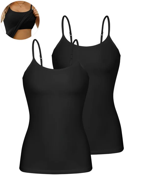 Womens Cotton Camisoles with Shelf Bra Solid Basic Spaghetti Straps Tank Tops Camis Pack of 2