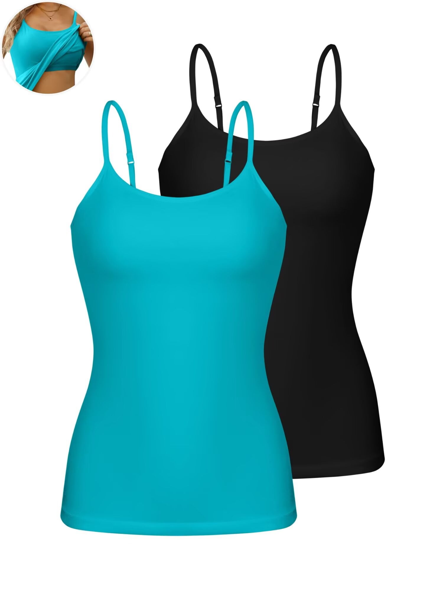 Womens Cotton Camisoles with Shelf Bra Solid Basic Spaghetti Straps Tank Tops Camis Pack of 2