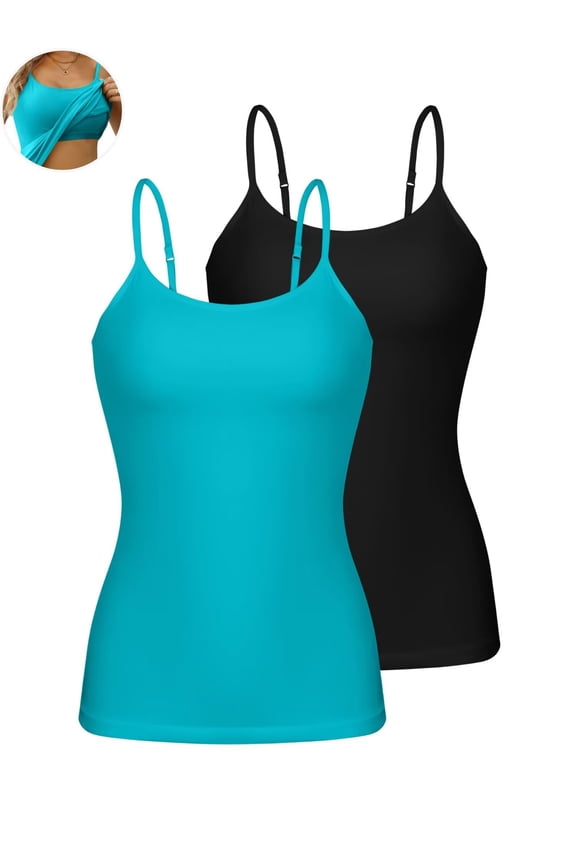 ANFERRY Womens Cotton Camisoles with Shelf Bra Solid Basic Spaghetti Straps Tank Tops Camis Pack of 2