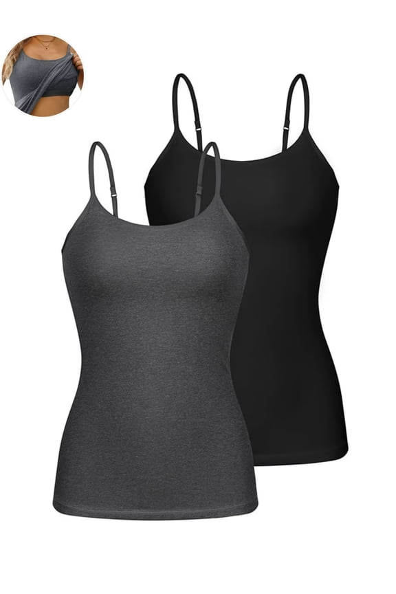 Womens Cotton Camisoles with Shelf Bra Solid Basic Spaghetti Straps Tank Tops Camis Pack of 2