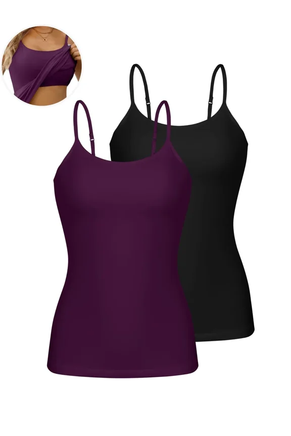 Womens Cotton Camisoles with Shelf Bra Solid Basic Spaghetti Straps Tank Tops Camis Pack of 2