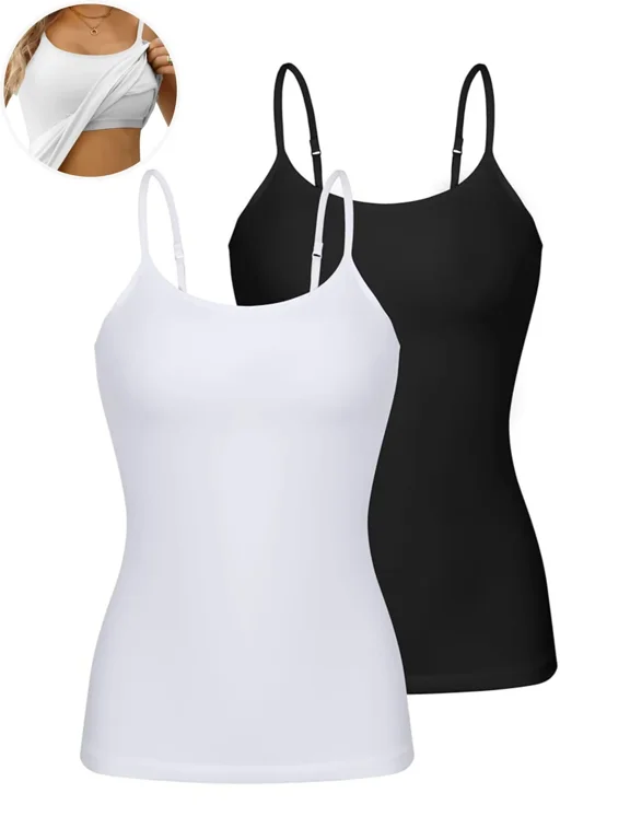 Womens Cotton Camisoles with Shelf Bra Solid Basic Spaghetti Straps Tank Tops Camis Pack of 2