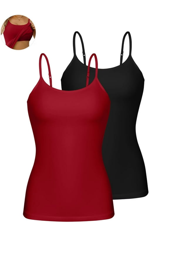 Womens Cotton Camisoles with Shelf Bra Solid Basic Spaghetti Straps Tank Tops Camis Pack of 2
