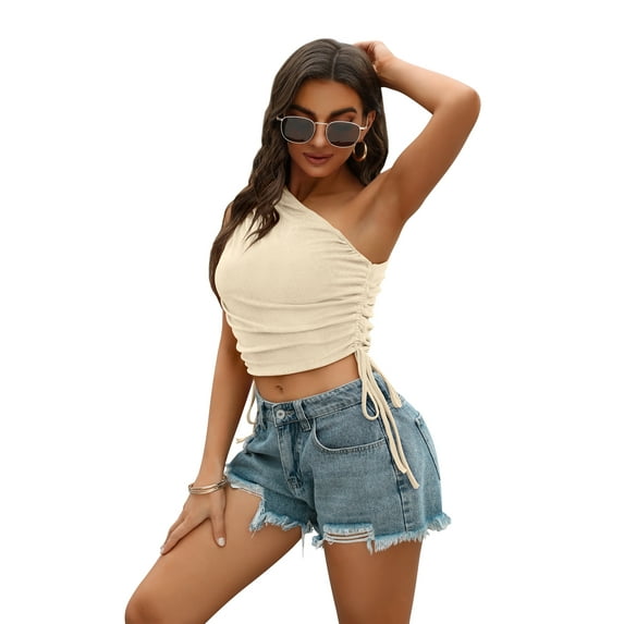 Beautyin Women Drawstring Ruched Tank Top Sleeveless One Shoulder Cami