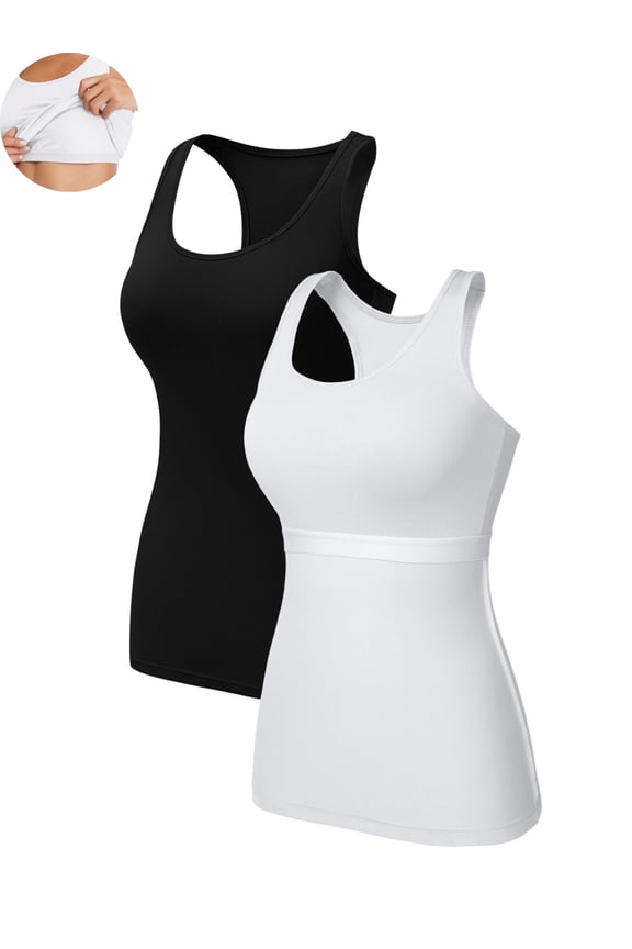 Women Tank Top with Shelf Bra Cotton Camisole Undershirt Pack of 2