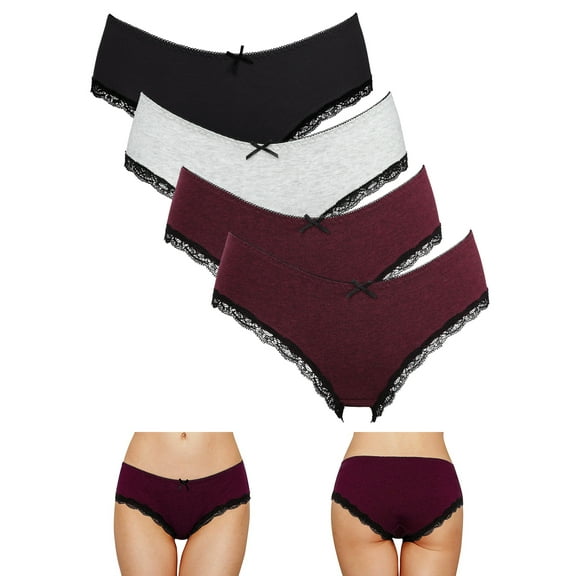 Beautyin Women's Cotton Brief Underwear Lace Trims Hipster Panties Pack of 4