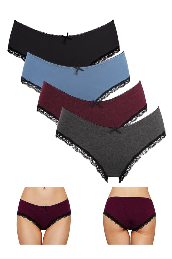 Women's Cotton Brief Underwear Lace Trims Hipster Panties Pack of 4