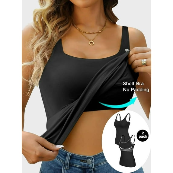 Beautyin Women's Tank Top with Shelf Bra Adjustable Wide Strap Camisole Cotton Undershirt 2 packs