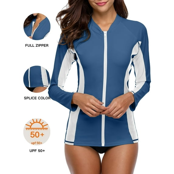 Beautyin Women's Zip Front Rash Guards Top Long Sleeves Patchwork Athletic Shirt