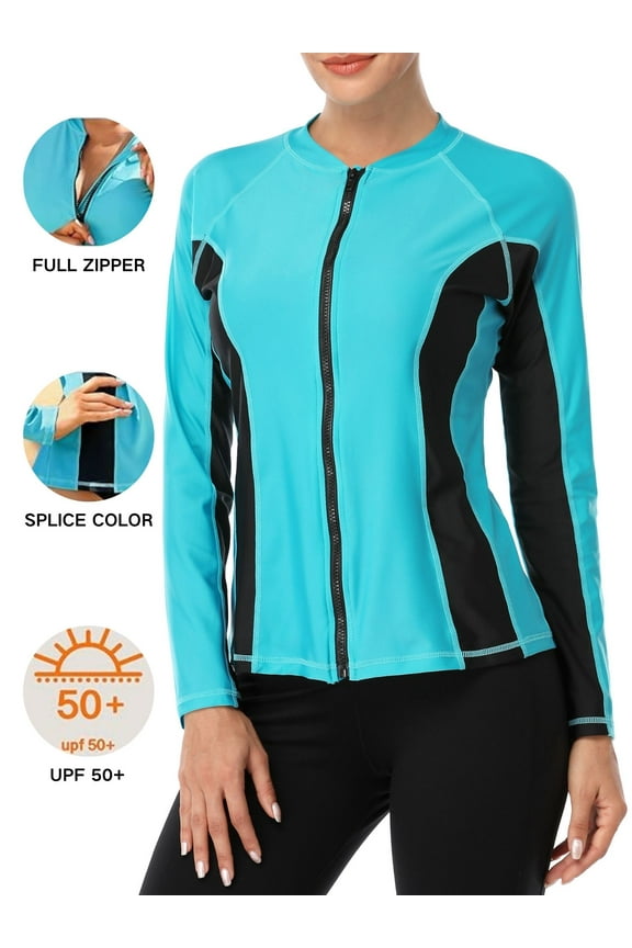 Beautyin Women's Zip Front Rash Guards Top Long Sleeves Patchwork Athletic Shirt