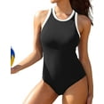 thumbnail image 1 of Beautyin Womens Round Neck Monokini Swimwear Ribbed One Piece Swimsuit Zipper Back Swimwear Sporty Racerback High Neck Bathing Suit, 1 of 8