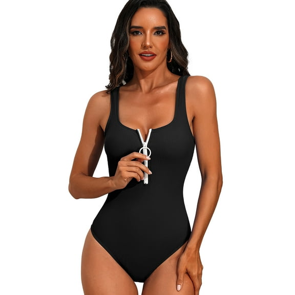 Beautyin Womens Solid Ribbed One Piece Swimsuit Front Zipper Racerback Bathing Suit U Neck Athletic Swimwear