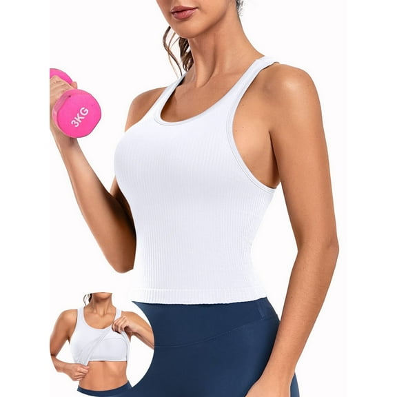 Anferry Womens Sports Tops Tank Top with Built in Bra Workout Crop Top U Neck Ribbed Seamless Yoga Tight Fit