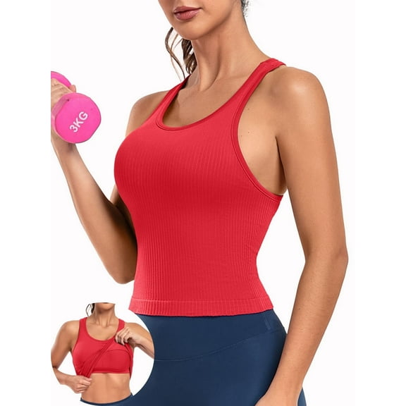 Anferry Womens Sports Tops Tank Top with Built in Bra Workout Crop Top U Neck Ribbed Seamless Yoga Tight Fit