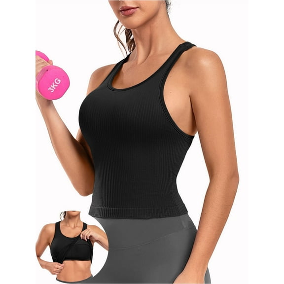 Anferry Womens Sports Tops Tank Top with Built in Bra Workout Crop Top U Neck Ribbed Seamless Yoga Tight Fit