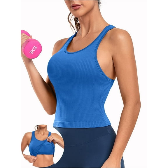 Anferry Womens Sports Tops Tank Top with Built in Bra Workout Crop Top U Neck Ribbed Seamless Yoga Tight Fit