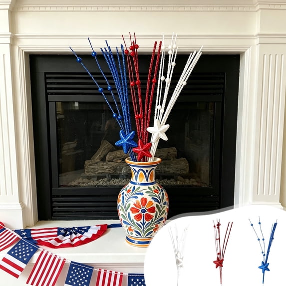 Beautynvta 1 Pc Artificial Star Berry Stems Picks, 4th of July Decoration Faux Floral Berry Spray Branches for Independence Day Table Centerpiece Vase Filler